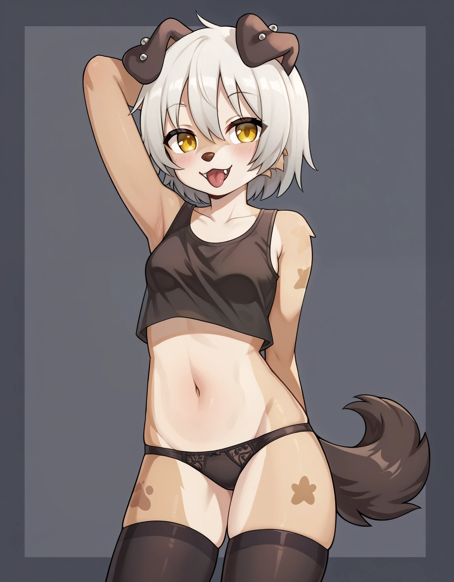 score_9, score_8_up, score_7_up, score_6_up, rating_safe, furry, puppyemonade (artist), 1girl, mammal, solo, clothing, anthro, animal ears, tail, canid, furry female, female, canine, panties, furry, underwear, dog ears, navel, black panties, thighhighs, dog tail, hair, domestic dog, blush, yellow eyes, looking at viewer, canis, dog girl, open mouth, clothed, breasts, arm behind head, legwear, crop top, tongue, small breasts, white hair, black thighhighs, fangs, short hair, arm up, piercing, smile, fur, topwear, cowboy shot, body fur, grey hair, midriff, tank top, hair between eyes, claws, animal nose, collarbone, 