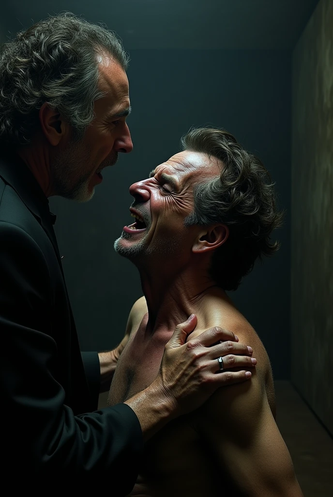 De Niro, with a look of despair and humiliation, being forced by Dafoe to produce poop in a dark and twisted ritual. The camera focuses on De Niro's expression, Capturing their anguish and shame.
Dafoe, On the other hand, revels in power and control, enjoying De Niro's humiliation. His presence is imposing and terrifying