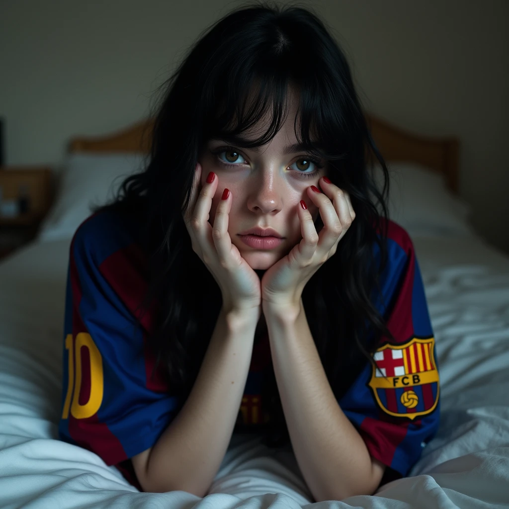 Black-haired Billie Eilish lying on a bed looking in front of the camera, wearing a Barcelona soccer team shirt, with Messi's 10 number, black hair, she covering her face with her hand, pale, and long hair, showing the shirt, 