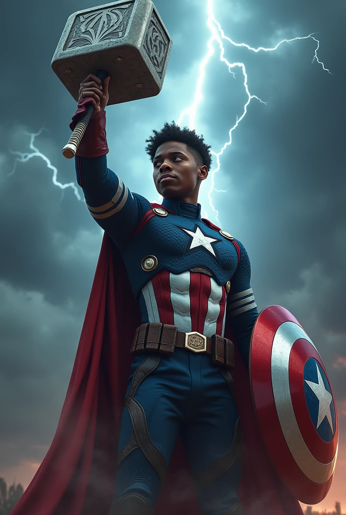 Young black captain america with thor's hammer
