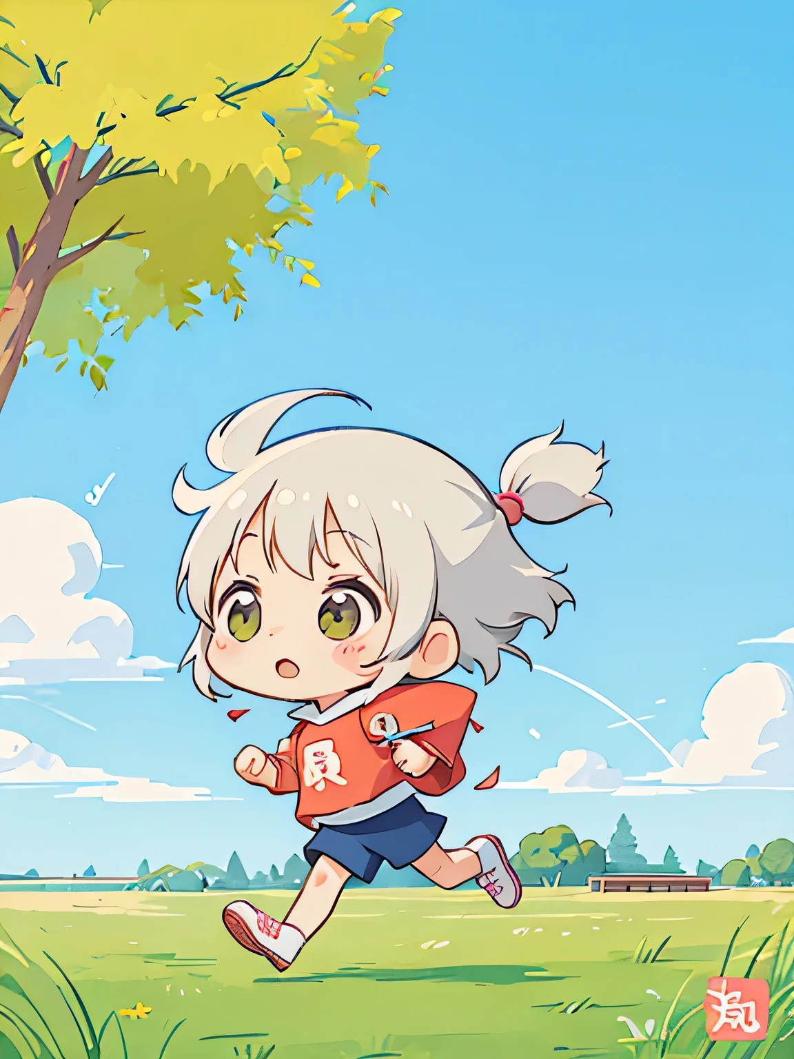 Hayao Miyazaki style、Kawaii Design, most beautiful girl ever、chibi, ((running)))、, logo mark, No background