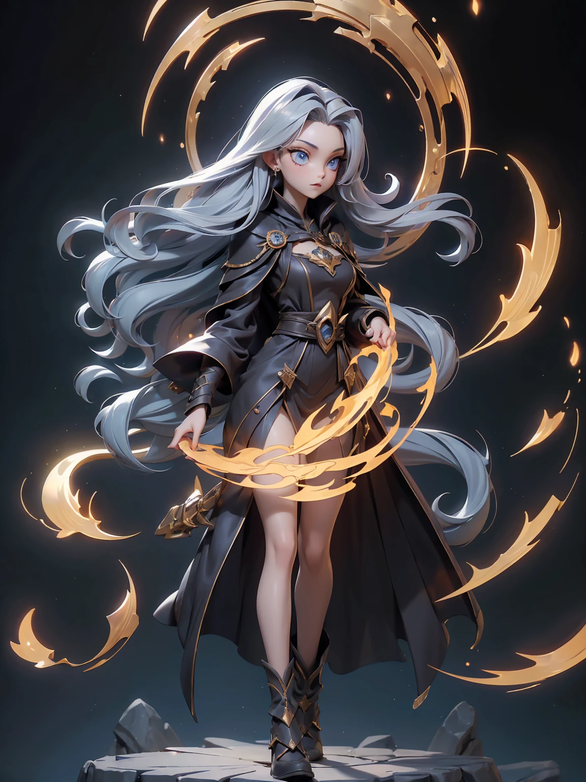 (((masterpiece, best quality, high detailed, 16k))) (1girl) A powerful sorceress with long, cascading hair that transitions from deep midnight blue to bright silver at the tips. Her sharp, golden eyes gleam with intelligence, and she is adorned in robes of rich burgundy and black, decorated with ancient arcane symbols. In her hand, she holds a large, open book filled with glowing spells. ((full body view))