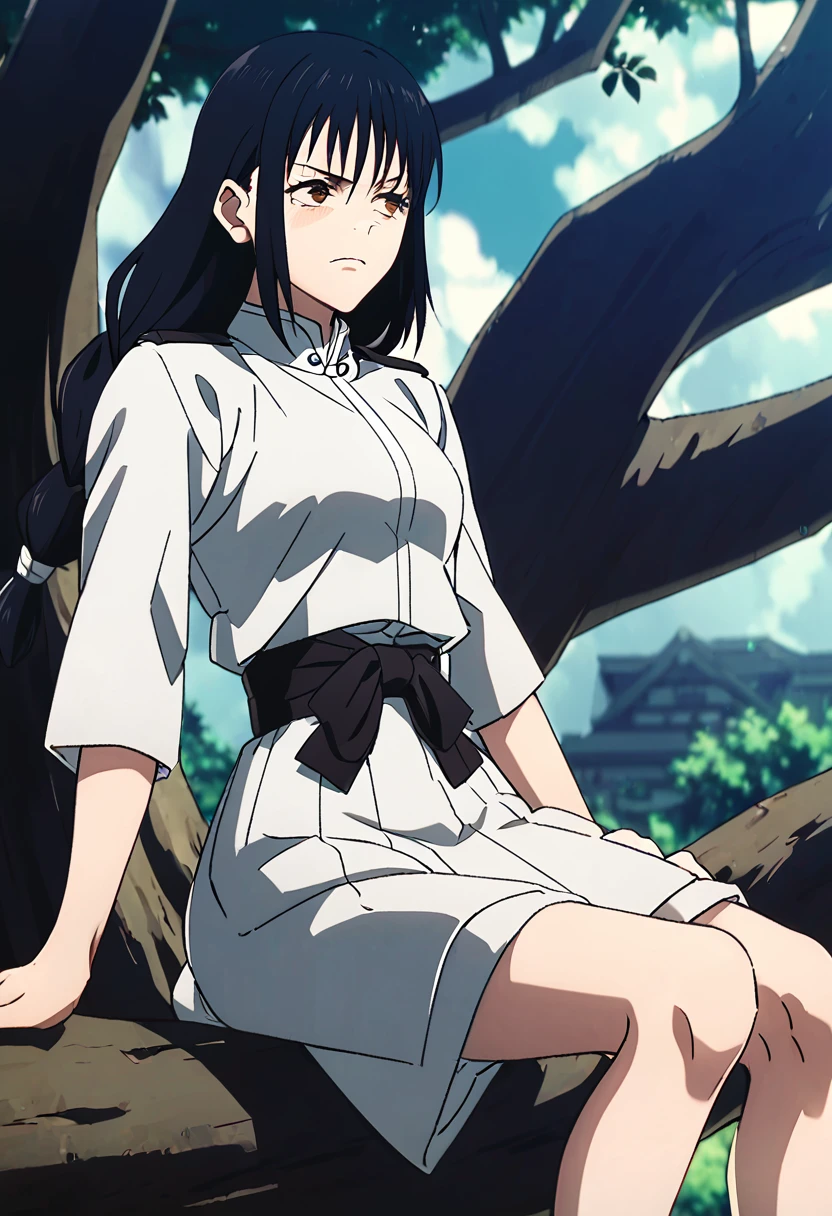 Girl with long braided black hair, golden eyes, dressed in jujutsu uniform, sitting on a tree branch looking seriously at the sky, anime capture 