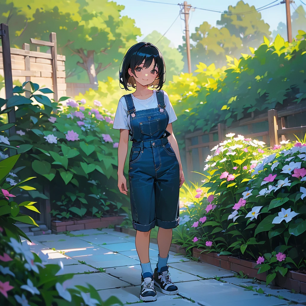 (high quality, High resolution, Very detailed, reality:1.37), Peaceful atmosphere, (Outdoor, garden),  girl standing alone, (my breasts are big.), Beautiful details, Cute Smile, (Black bob hair), Short sleeve shirt, Overalls, Blue socks, sneakers.