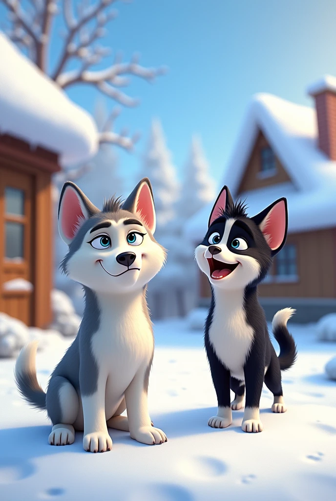 cartoon, look like zootopia, two dogs, husky, first is white and light gray, second is black and white, background is a house with snow, first is annoyed by the second