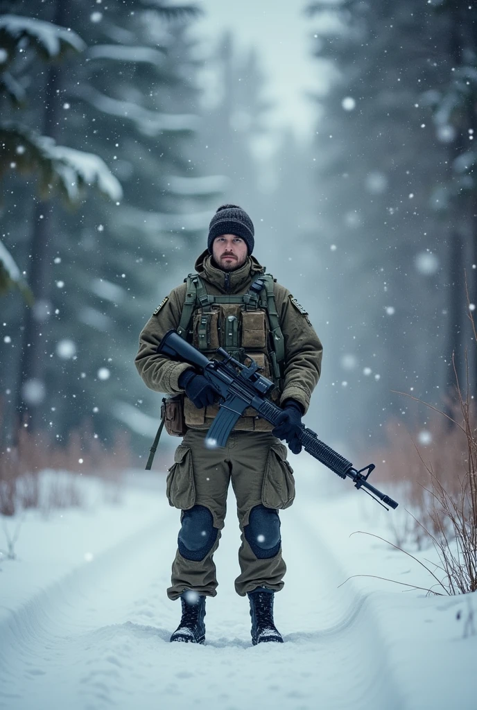 soldier in the forest does not snow alone