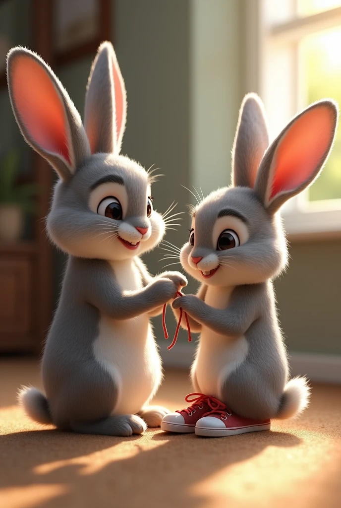 Bunny learning to tie shoelaces with his mommy bunny step by step