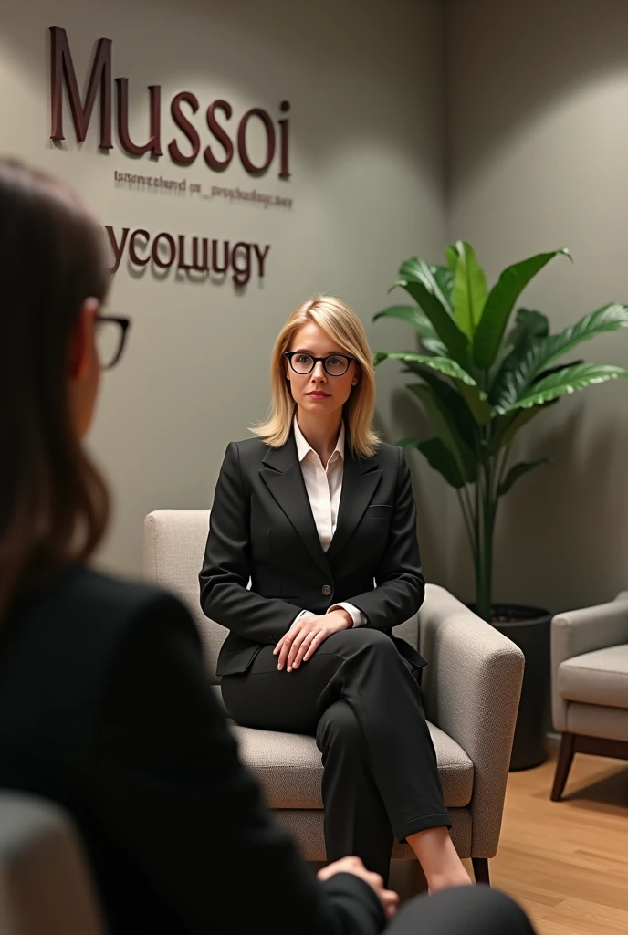 Create an image of a psychology office with the sign "Mussoi Psychology" on the wall. There is a stylish plant in the background.
The psychologist is a 45-year-old blonde woman, green-eyed, with shoulder length hair. she wears glasses, is wearing a suit and is sitting in an armchair, attending to a patient whose face is not visible.