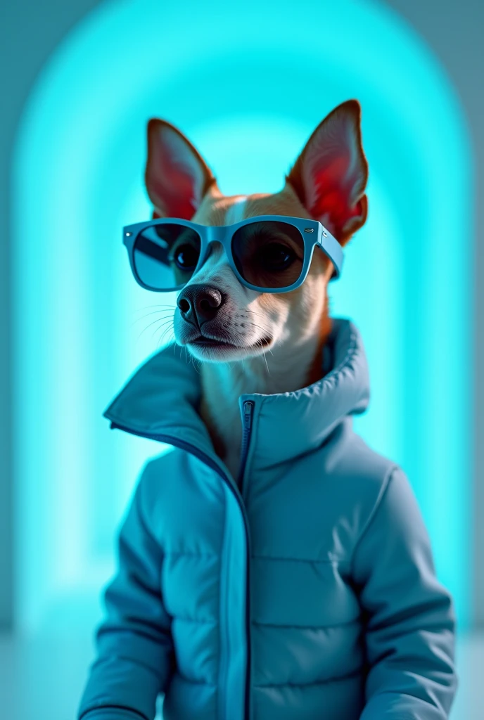 The best cell phone wallpaper, Award-Winning Wallpaper, portrait photography, In the front view is a portrait of a cute dog wearing mid-1960s space age fashion, Side view photo, Shot with Canon EOS R5, Set a strong contrast that accentuates the subject, Fluorescent blue tone, Wearing a very modern coat and sunglasses is a modern 1960s style, Clothes all in one color, beautiful background