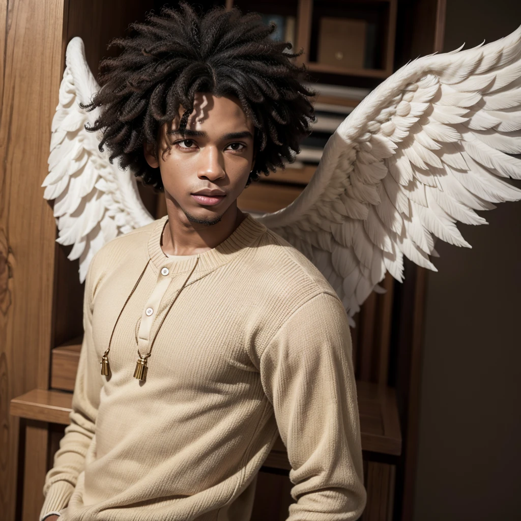 Black man with afro hair in beige clothes with angel wings