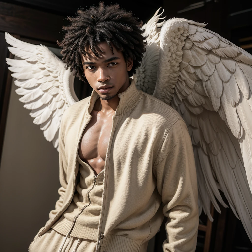 Black man with afro hair in beige clothes with angel wings