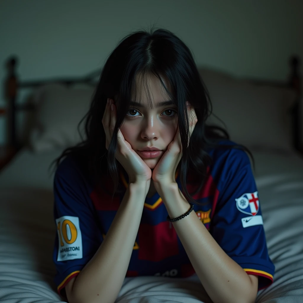 Black-haired Billie Eilish lying on a bed looking in front of the camera, wearing a Barcelona soccer team shirt, with Messi's 10 number, black hair, she covering her face with her hand, pale, and long hair, showing the shirt, 