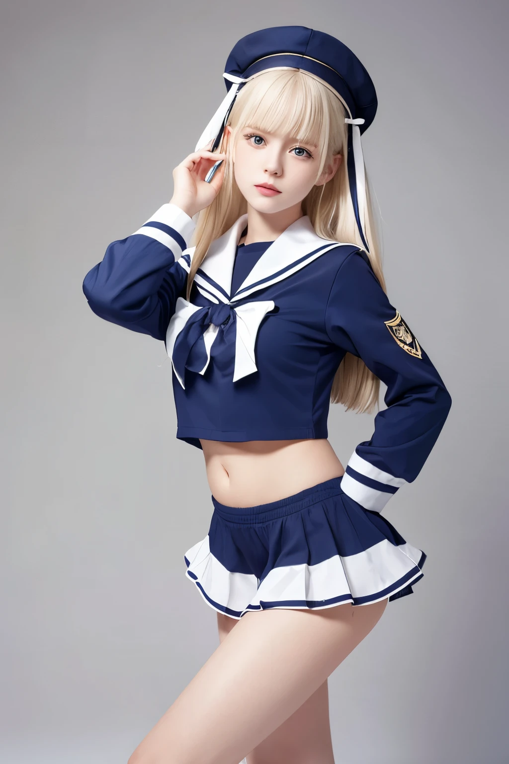 ((Highest quality)), ((masterpiece)), (detailed), One girl, Sexy sailor suit with exposed belly button , a beautiful German girl with an innocent, lolita-like face and platinum blonde hair that reaches down to her ankles slim Dancing
