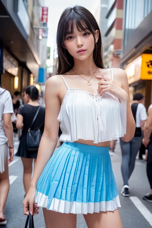 Product quality,1 girl,Cowboy Shot,Front view,(Thigh Emphasis:1.6),Young and sexy Japanese girl,20-year-old,Harajuku,(Crowded street:1.4),Snazzy(Blue:1.5),shirt,wear,(Snazzyバッグ:1.3),Fashionable necklaces,Snazzyイヤリング,((White super short micro pleated mini skirt:1.5)),wear,Very cute face,Glossy Lips,Double eyelids on both eyes,(Natural Makeup),shiny smooth light brown long hair,,,Asymmetrical bangs,Center image,8k resolution,Attention to detail,Detailed hairstyle,Detailed face,Cinema Lighting,Octane Rendering,Ultra-realistic,Perfect limbs,(Detailed fingers:1.5),Beautiful legs,Voluptuous thighs,Huge breasts,Perfect Anatomy,(Model Sexy Poses:1.5)