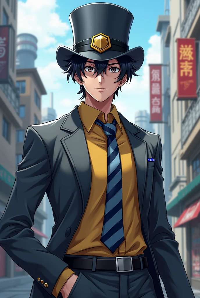 a strong young man, wearing a gray top hat with a hexagon-shaped emblem, black and yellow shirt, gray suit with blue and white striped tie. In steampunk anime style