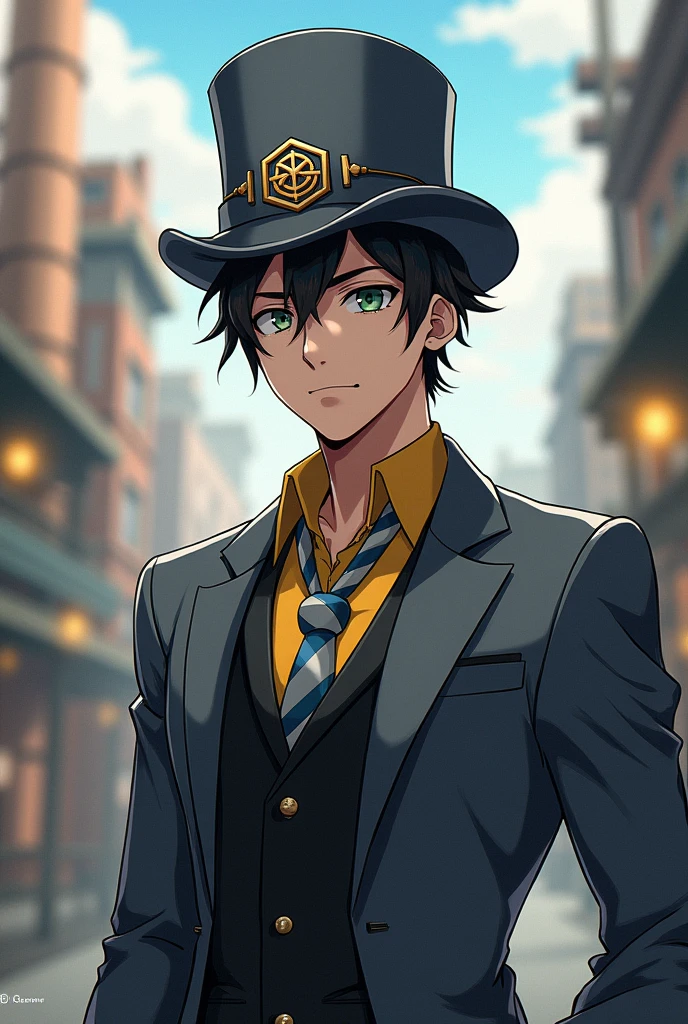 a strong young man, wearing a gray top hat with a hexagon-shaped emblem, black and yellow shirt, gray suit with blue and white striped tie. In steampunk anime style