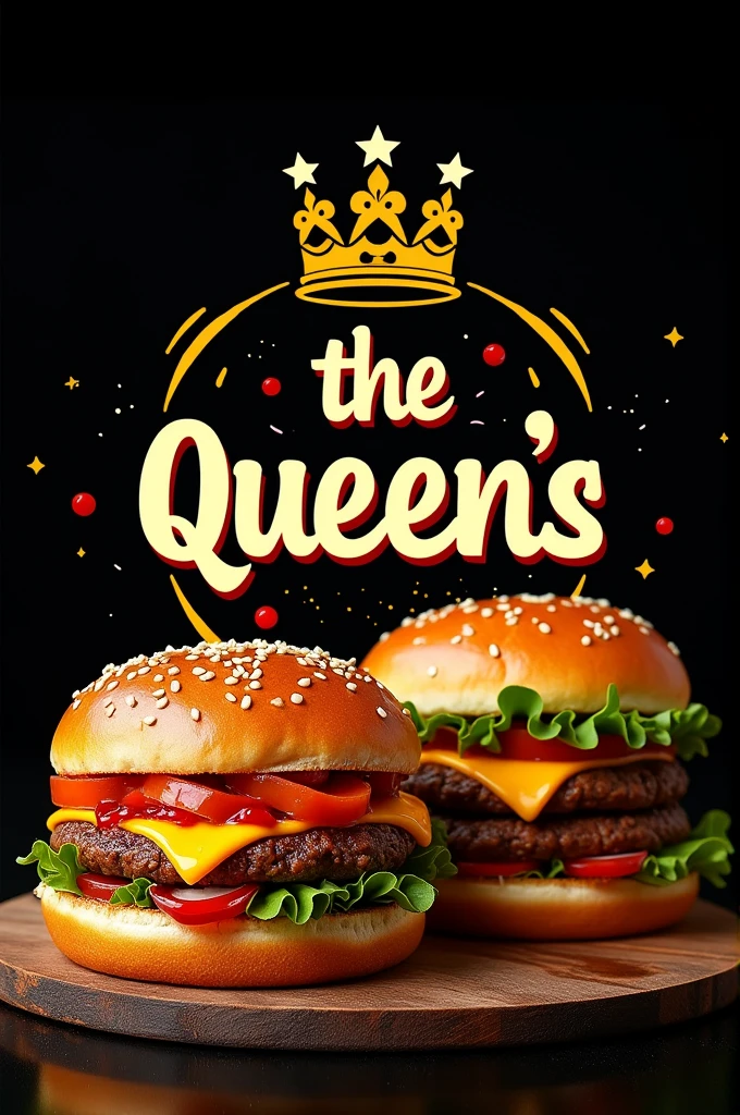 Horizontal advertising design containing hot dogs and hamburgers with the word the Queen&#39;s in a black background and yellow details, red and orange 