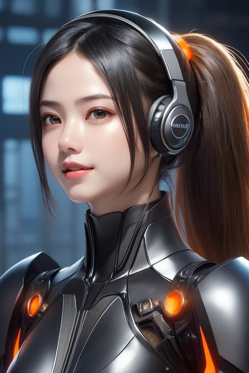Top Quality, Masterpiece, Ultra High Resolution, (Photorealistic: 1.4), Raw Photo, 1 Girl, Black Hair, Glossy Skin, 1 Mechanical Girl, (((Ultra Realistic Details)), Portrait, Global Illumination, Shadows, Octane Rendering, 8K, Ultra Sharp, Intricate Ornaments Details, realistic skin, sweat effect, ((wearing Headphone)), very intricate detail, realistic light, CGSoation trend, brown eyes, glowing eyes, matte black and glossy orange mechanical bodysuit, Long hair, black hair, Ponytail hair, Half body shot, spaceship bridge background, dynamic pose, cute smile, close up, Open Mouth, facing audience
