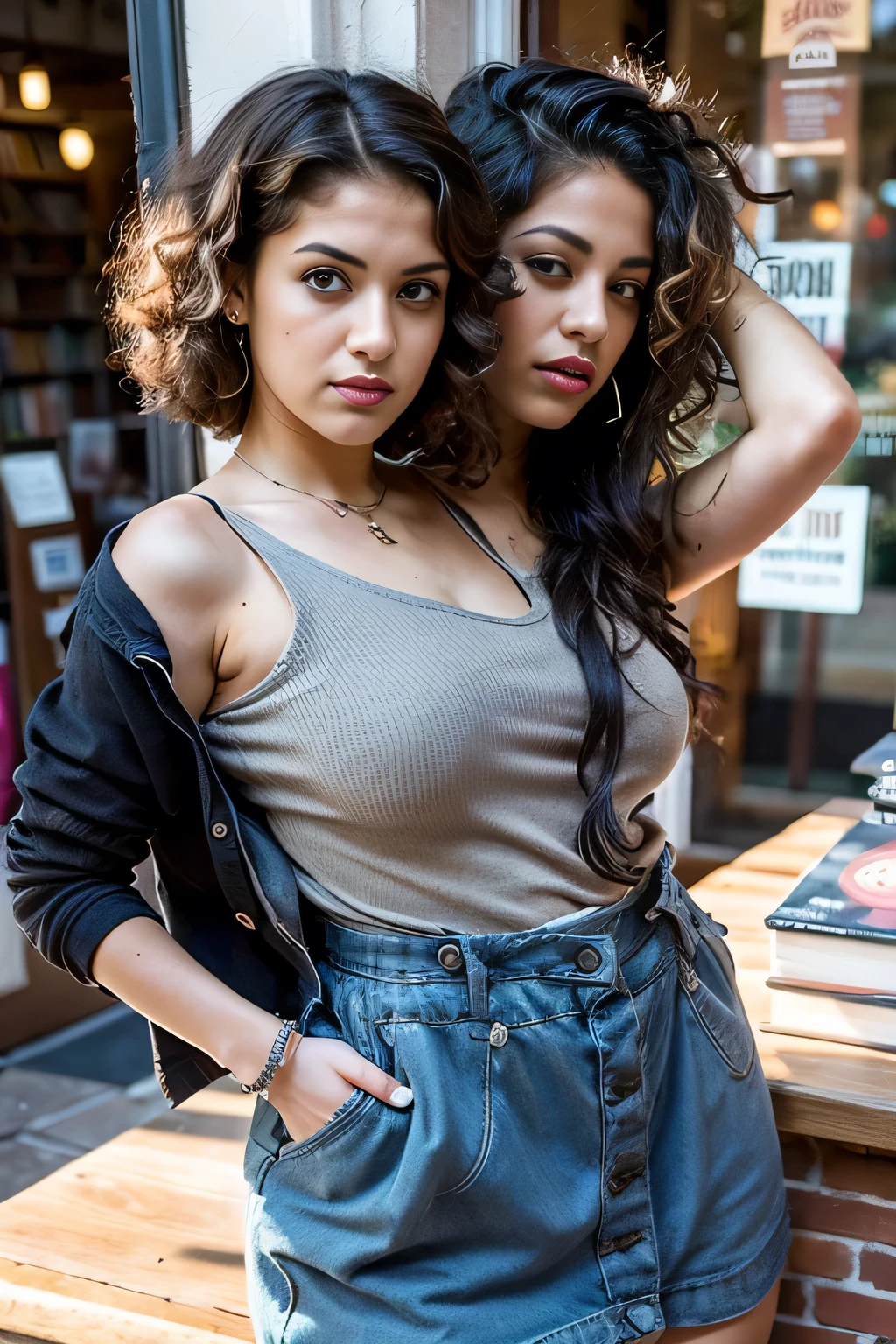 2heads, female couple, age 28, two heads on one body, conjoined, one torso, hipsters, Latina, curly hair, grunge fashion, at the bookstore