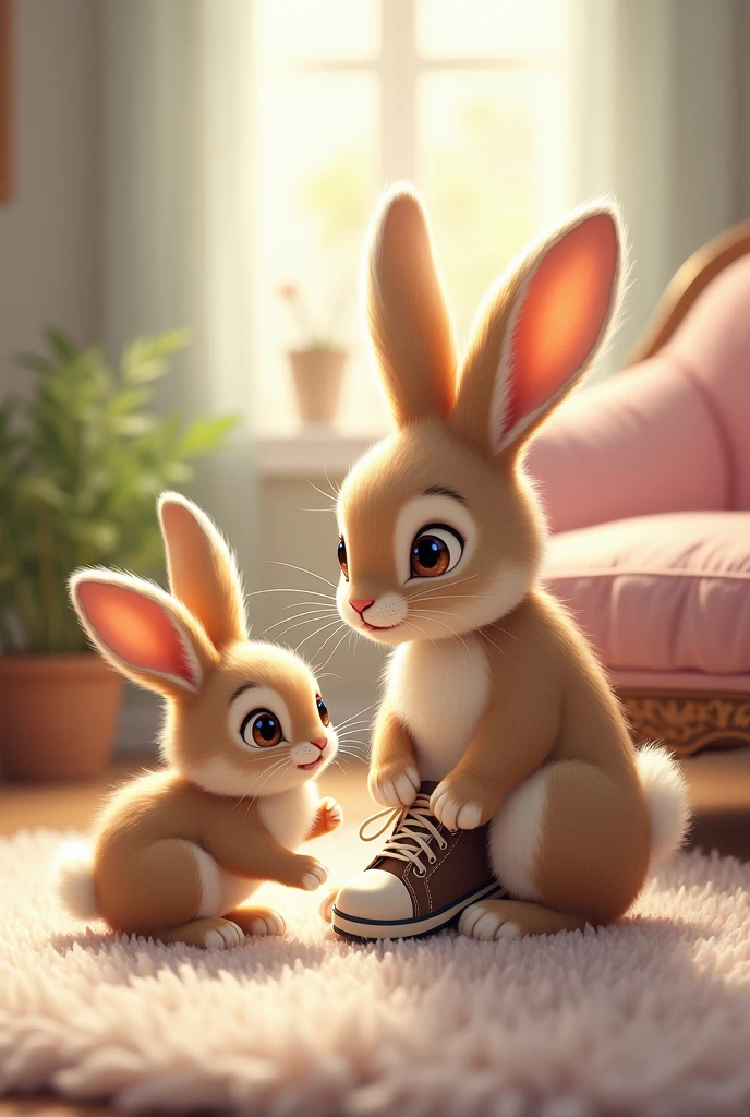 Bunny learning to tie shoelaces with his mommy bunny step by step