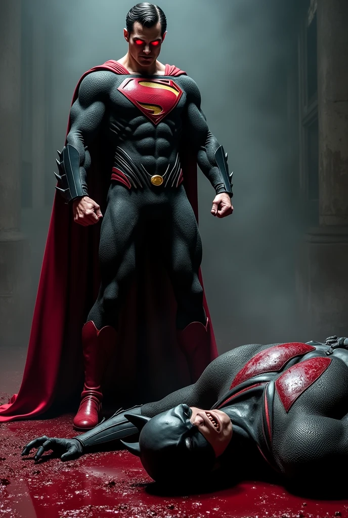 Superman standing angry with bloody fists and black suite and glowing red eyes, batman laying face down on the ground dead covered in his own blood with mask that resembles bat and has closed eyes 