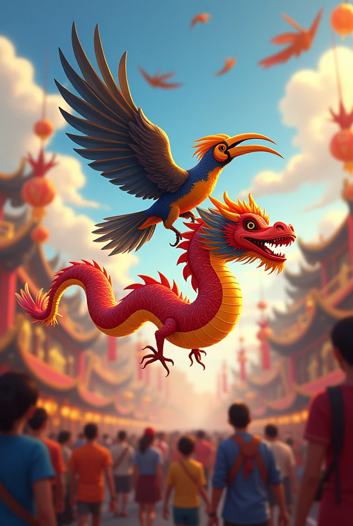 There is a flying hornbill on the dragon ball of the dragon dance