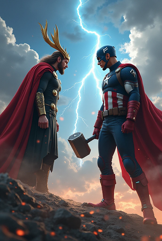 Young black Captain America with Thor&#39;s hammer vs Loki 