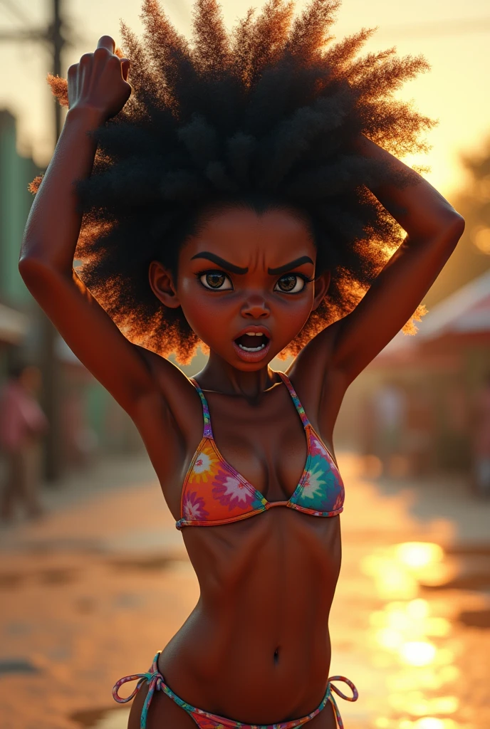  Skinny black teenager with afro hair, wearing bikini
, with heat and raising his arms, with wet armpits. em um dia de sol. With an angry expression.