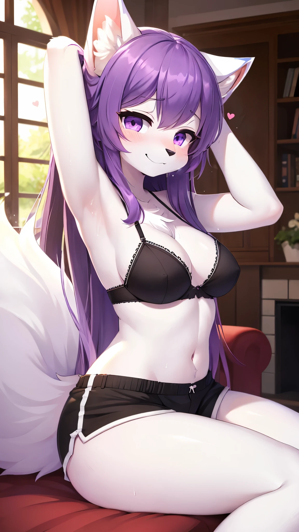 best quality,best resolution,solo,(fluffy anthro furry :1.6),cat girl,medium ,(purple hair),long hair,purple eyes,glistering eyes,sparkle eyes,(white fur :1.6),(black cutie bra),(black shorts),sweating,summer,steam surrounded,living room,full face blush,heart expression,upper body only,sexy fasexy eyes,le,armpit,right side view