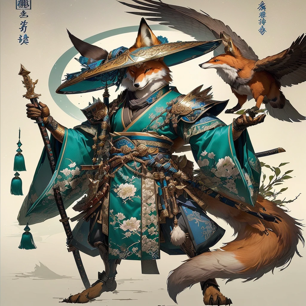 There is a fox dressed in a blue suit and a hat holding a sword., fox and bush, Kitsune-inspired armor, art of feudal japan, fox and bush holding a naginata, fantasy character art, avian warrior, A beautiful fox lady, awesome character art, hyper detailed fantasy character, Edgar Maxence and Ross Tran, Exquisite and epic character art.