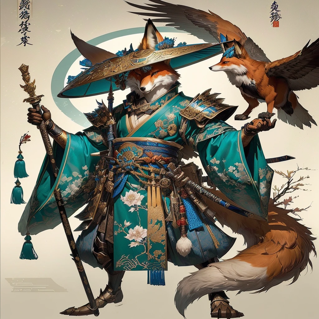 There is a fox dressed in a blue suit and a hat holding a sword., fox and bush, Kitsune-inspired armor, art of feudal japan, fox and bush holding a naginata, fantasy character art, avian warrior, A beautiful fox lady, awesome character art, hyper detailed fantasy character, Edgar Maxence and Ross Tran, Exquisite and epic character art.