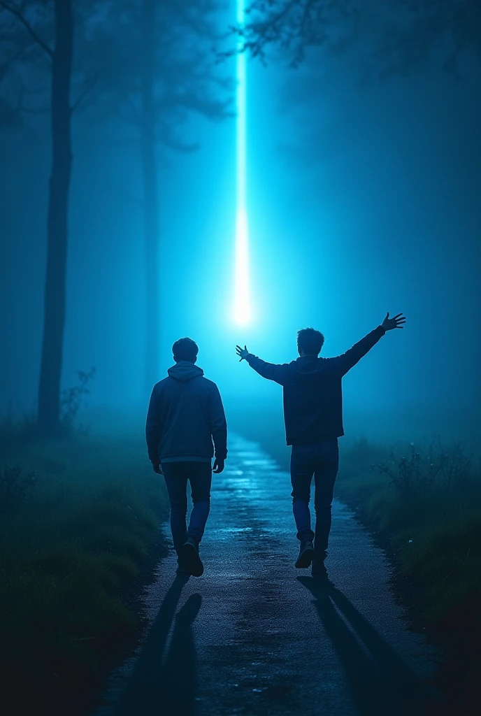 perfect Two young men walk forward on a path, one friend stretches his hand towards the light and the other friend leads towards the bright blue light seen in the distance, a view of the light in the distance, realistic picture