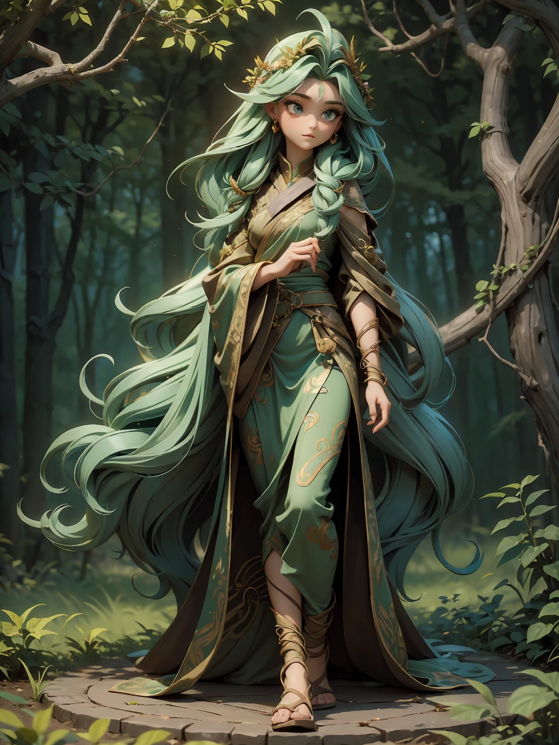 (((masterpiece, best quality, high detailed, 16k))) (1girl) A mystical forest guardian with flowing green hair and deep brown eyes that reflect the ancient wisdom of the woods. She is adorned in earthy tones of brown and green, with vines and leaves woven into her attire. Her staff is entwined with living branches and blooming flowers, and she is surrounded by a gentle aura of nature's magic. ((full body view))