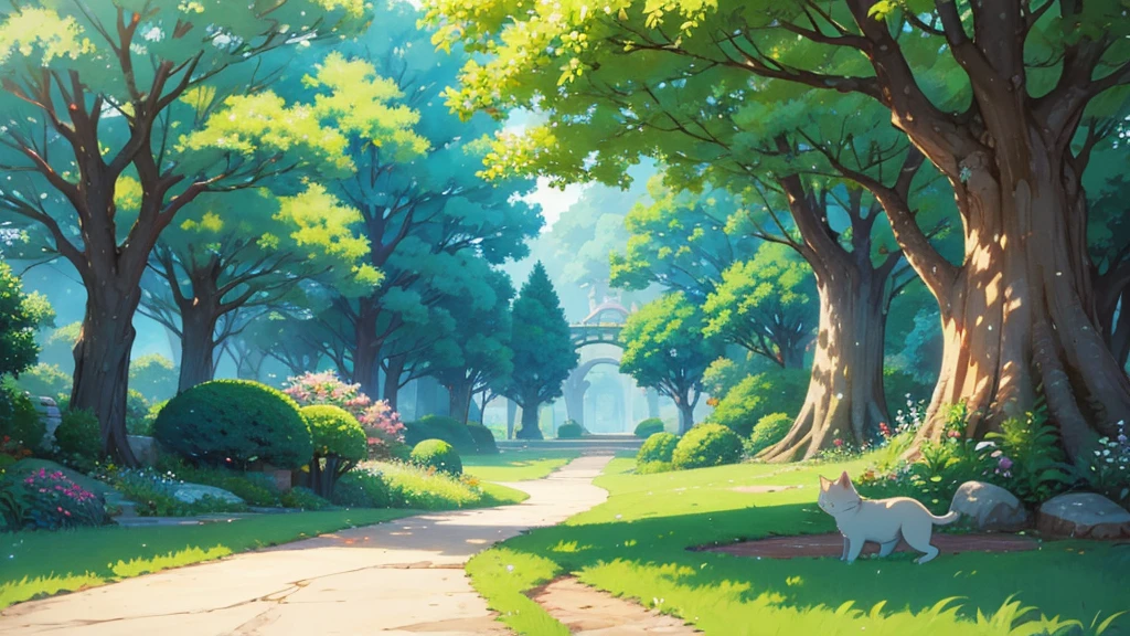 Ghibli-style illustrations,landscape,One cat,wideshot,Detailed illustrations,High quality
