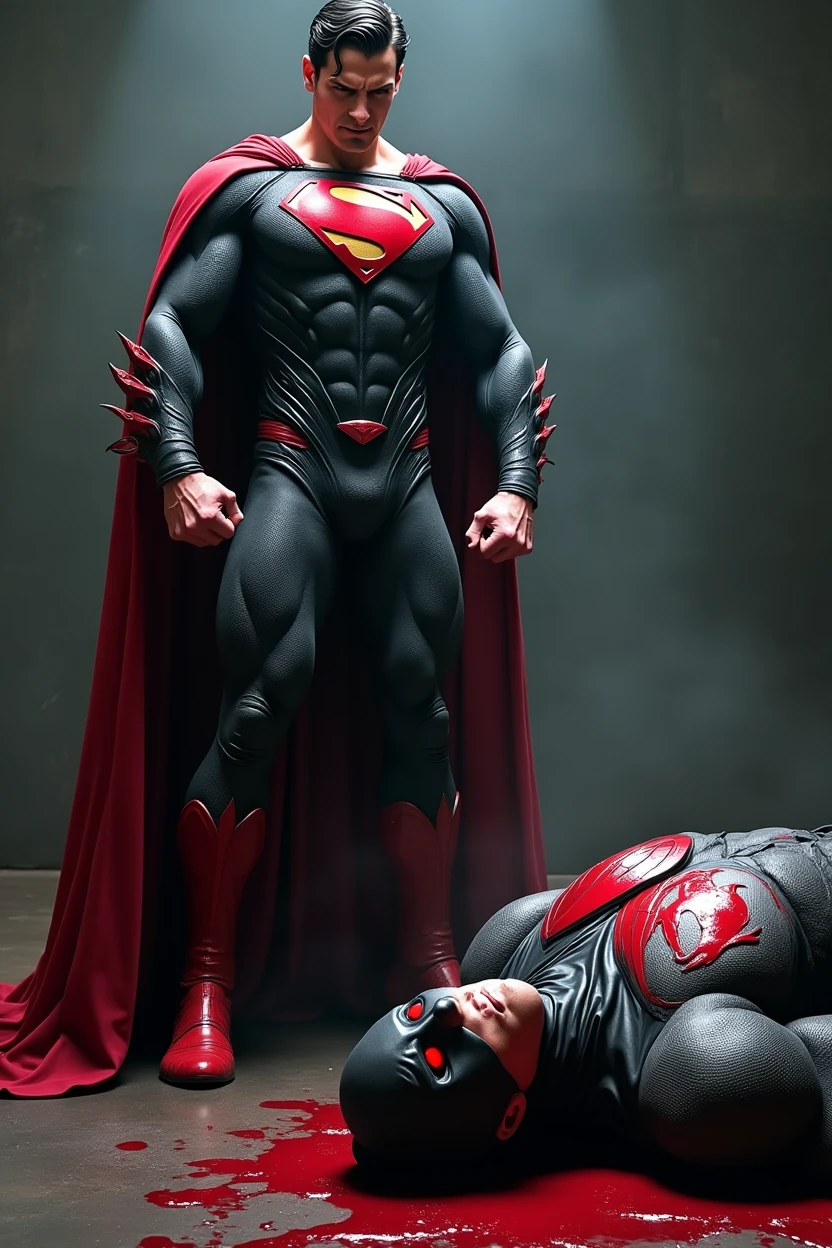 Superman standing angry with bloody fists and black suite and glowing red eyes, batman laying face down on the ground dead covered in his own blood with mask that resembles bat and has closed eyes