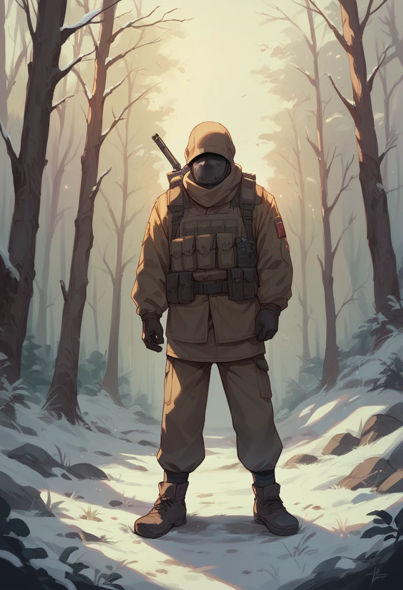 soldier in the forest does not snow alone