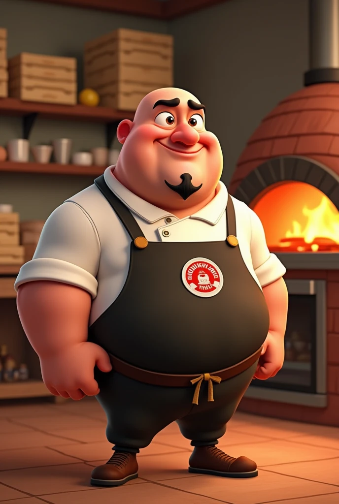 Pixar-style bald pizza chef with goatee