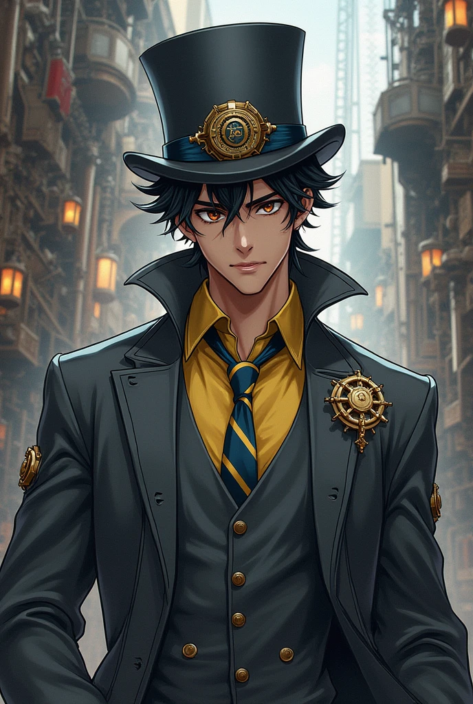 a strong young man, wearing a gray top hat with a hexagon-shaped emblem, black and yellow shirt, gray suit with blue and white striped tie. In steampunk anime style