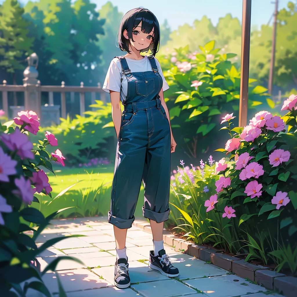 (high quality, High resolution, Very detailed, reality:1.37), Peaceful atmosphere, (Outdoor, garden), Teenage girl standing alone, (my breasts are big.), Beautiful details, Cute Smile, (Black bob hair), Short sleeve shirt, Overalls, Blue socks, sneakers.