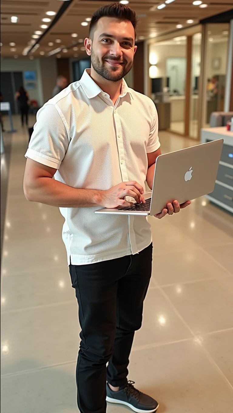 Create a photo this model, working in IT job as a software engineer having Apple laptop and make him look so professional