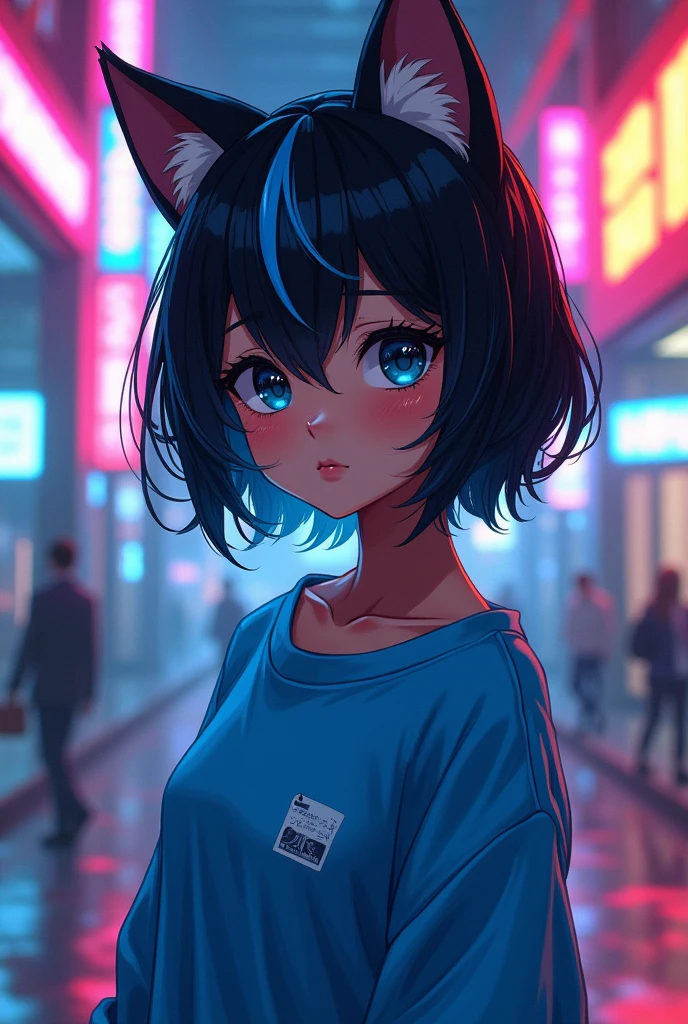 de 16 anos, with cat ears and black hair with just a blue streak, skin black , blue eyes and wearing a blue sweatshirt, in zenless zone zero style.