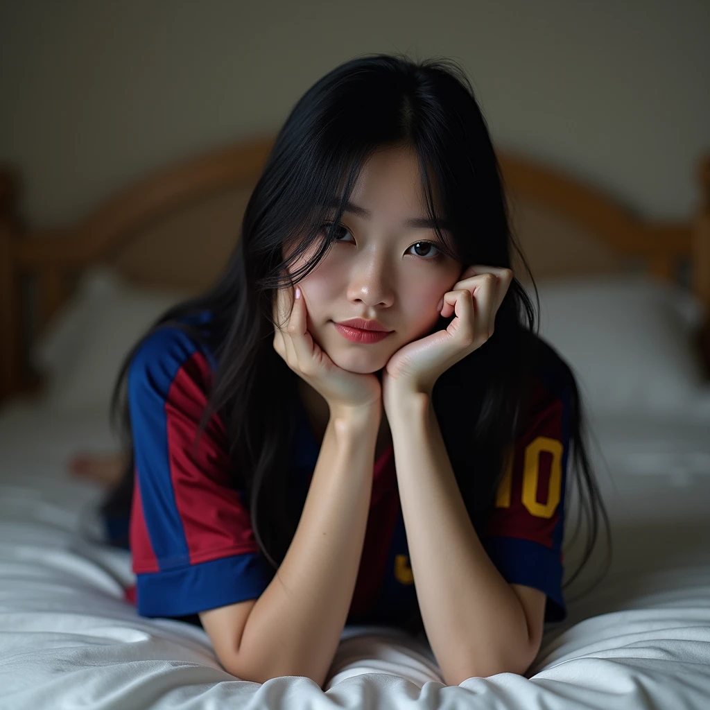 Black-haired ASIAN GIRL lying on a bed posing in front of the camera, wearing a Barcelona soccer team shirt, with Messi's 10 number, black hair, she covering her face with her hand, pale, and long hair, showing the shirt,