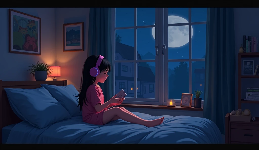 night、Girl listening to music in a cozy room, Using headphones, 2D-style animation, Lo-Fi, hard disk, Dark Environment,New open and honest style