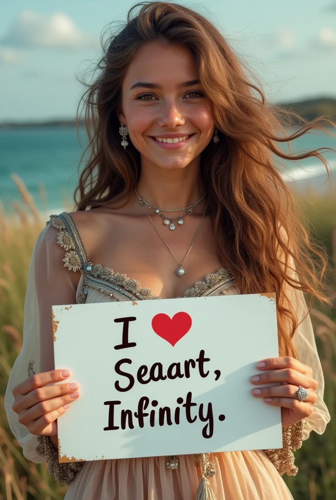 Beautiful girl with wavy long hair, bohemian dress, holding a white board with text "I Love Seaart Infinity" and showing it to the viewer