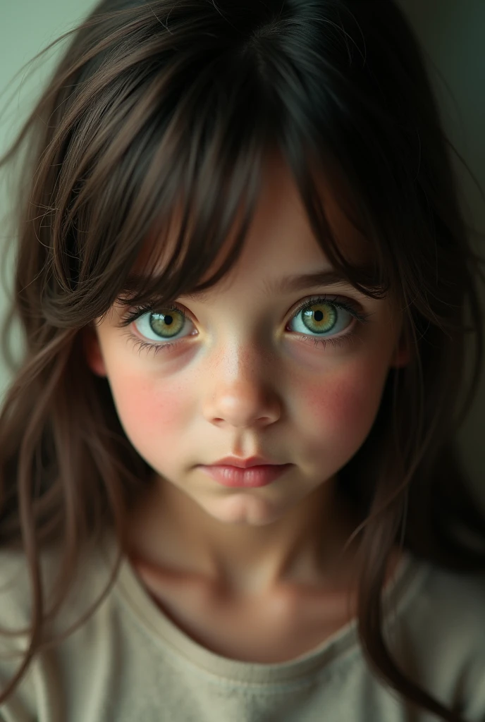 A captivating photograph portraying a young girl with hip-length dark brown hair and mesmerizing green eyes. The image, crafted with a keen sense of realism, showcases intricate details in stunning 8K resolution.
