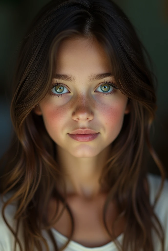 A captivating photograph portraying a young girl with hip-length dark brown hair and mesmerizing green eyes. The image, crafted with a keen sense of realism, showcases intricate details in stunning 8K resolution.