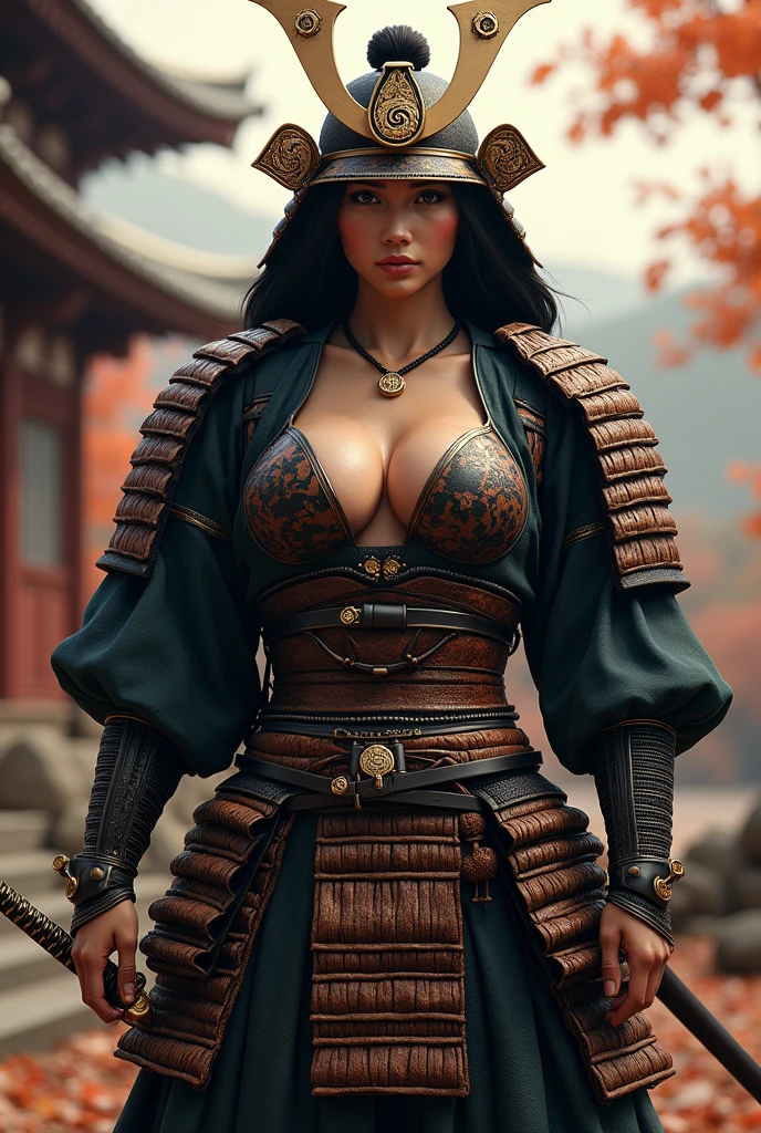 Muscled 50 years old naked lady, with katana, and samurai armor, female, woman shogun, very big bosoms, bigger breast, extremely heavy muscle