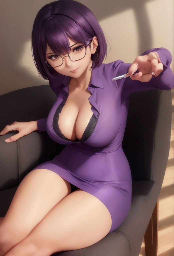 Woman, (tan skin:0.5), squared rimless glasses, cute face, short dark purple hair, swept bangs, yellow eyes, medium breasts, abs, thick thighs, blue business suit, purple shirt, open shirt, cleavage, long blue skirt, ripped pantyhose, smirking, seductive eyes, (shading:1.3), (shadows:1.3), cinematic lighting, edge blurring, house, living room, sitting, couch,