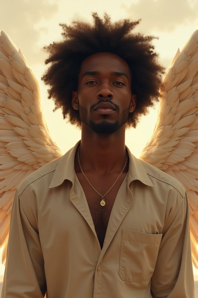 Black man with afro hair in beige clothes with angel wings 