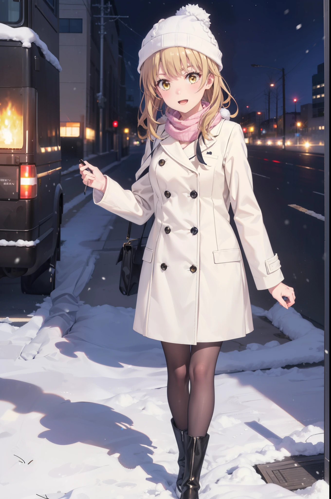 Irohaisshiki, isshiki iroha, Long Hair, Brown Hair, (Brown eyes:1.5), smile,Open your mouth,White Breath,low twin tail,Knitted hat,White scarf,Yellow long coat　Open front,Pink v-neck sweater,Short denim,Black pantyhose,short boots,Walking,snowが降っている,snowが積もっている,moon,night,snow,snow,snow,snow,whole bodyがイラストに入るように,　　　　　　　　　break outdoors, Building district,
break looking at viewer,whole body,
break (masterpiece:1.2), Highest quality, High resolution, unity 8k wallpaper, (figure:0.8), (Beautiful attention to detail:1.6), Highly detailed face, Perfect lighting, Highly detailed CG, (Perfect hands, Perfect Anatomy),